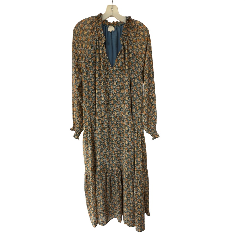 Melloday Womens Teal Orange Paisley Tiered Midi Dress Long Sleeve Prairie BohM